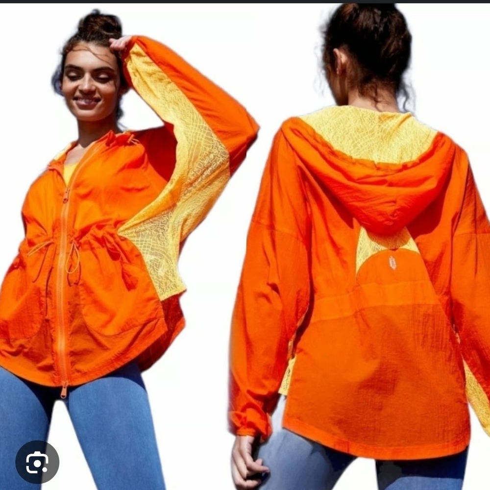Free People One More Mile Lace Orange Hooded WindbreakerJacket Womens Medium